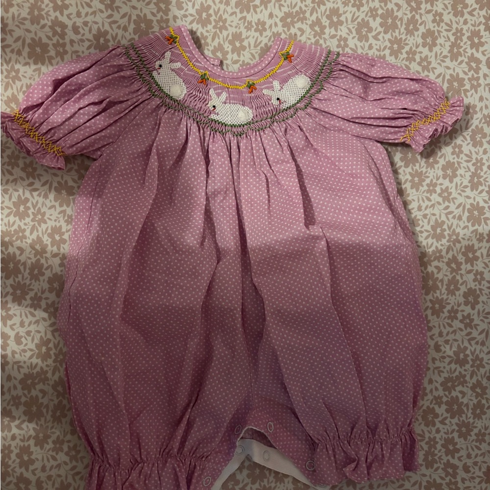 Smocked Pink Baby Romper with Bunny Embroidery